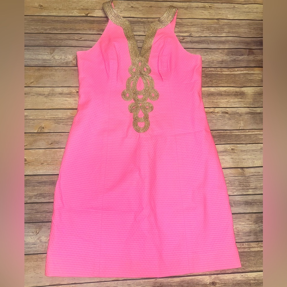 EUC Lilly Pulitzer Emery Dress Hot Neon Pink Pout Gold size 6 Classic Shift
